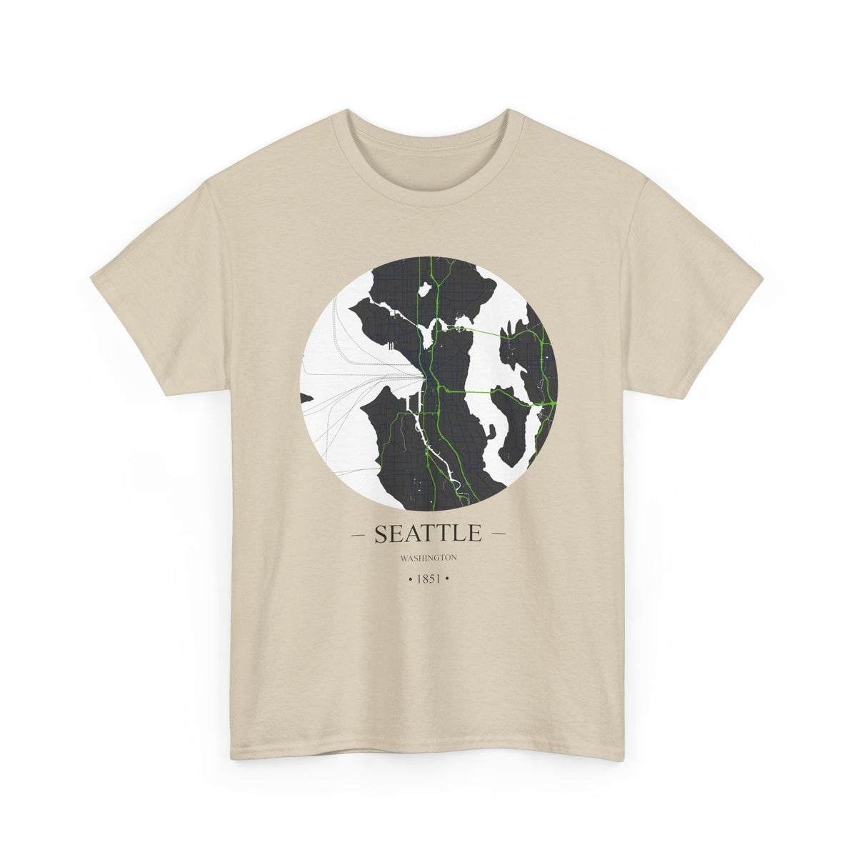 Seattle, Washington 1851 Founders City Map Unisex Heavy Cotton Tee, Express Delivery available