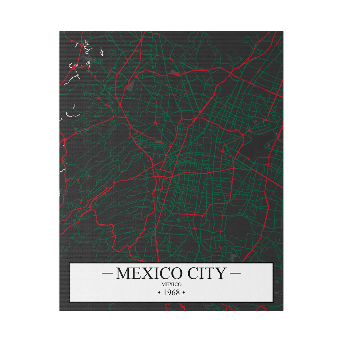 Mexico City, Mexico 1968, Color Map, Matte Canvas, Stretched, 0.75"