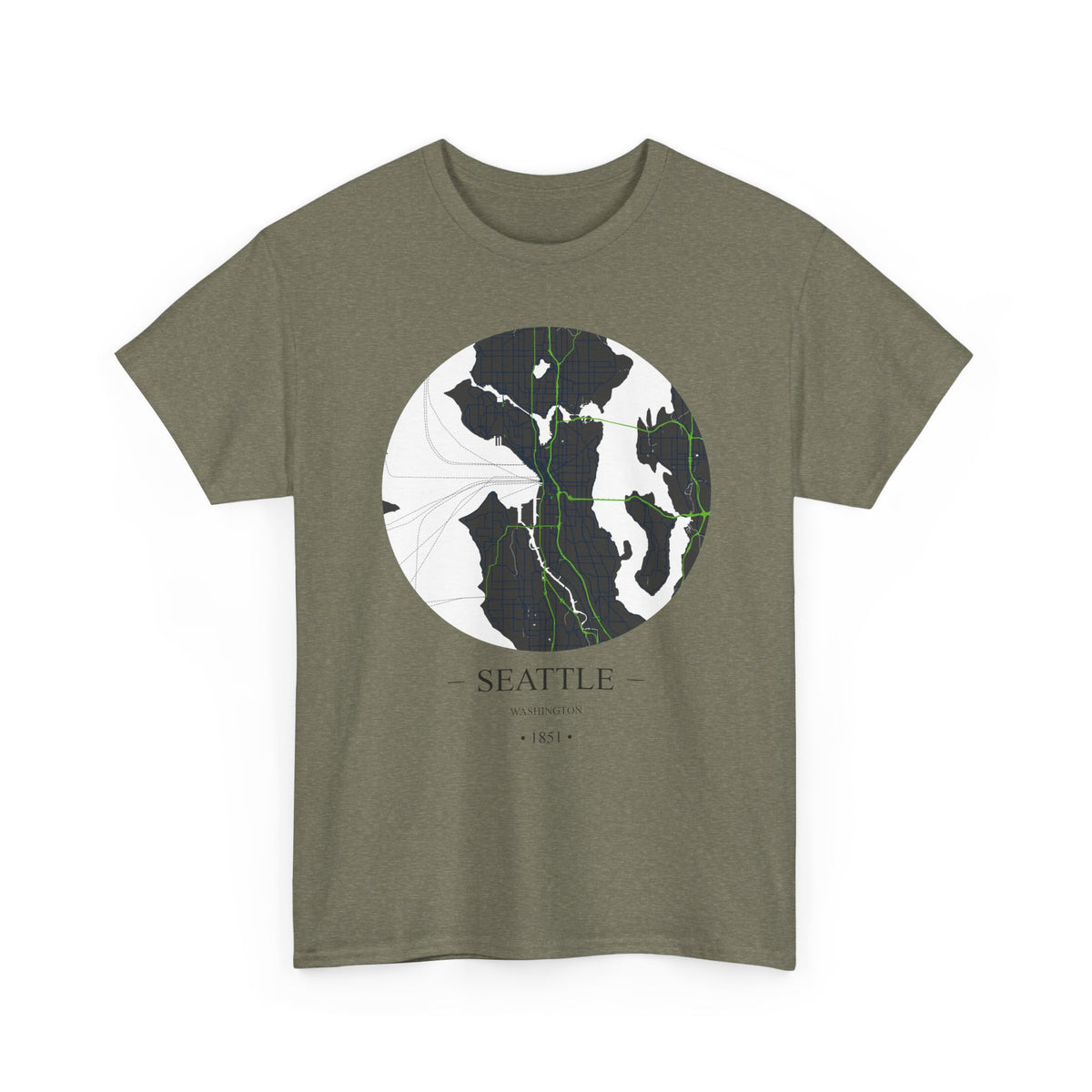 Seattle, Washington 1851 Founders City Map Unisex Heavy Cotton Tee, Express Delivery available