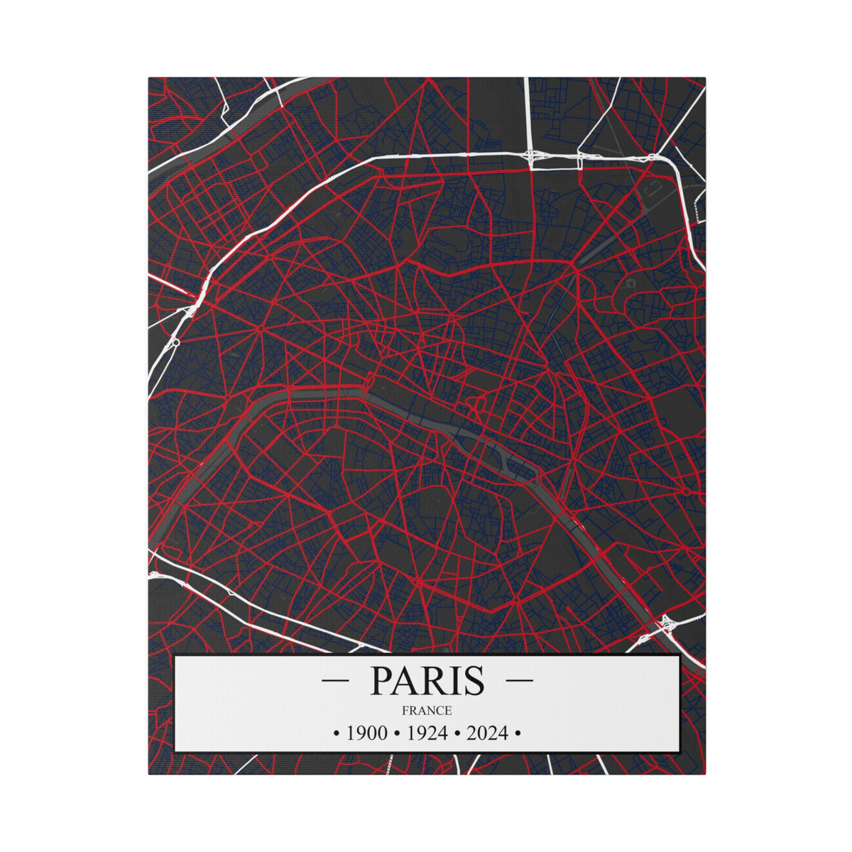 Paris, France 1900, 1924 & 2024, Color Map, Matte Canvas, Stretched, 0.75"
