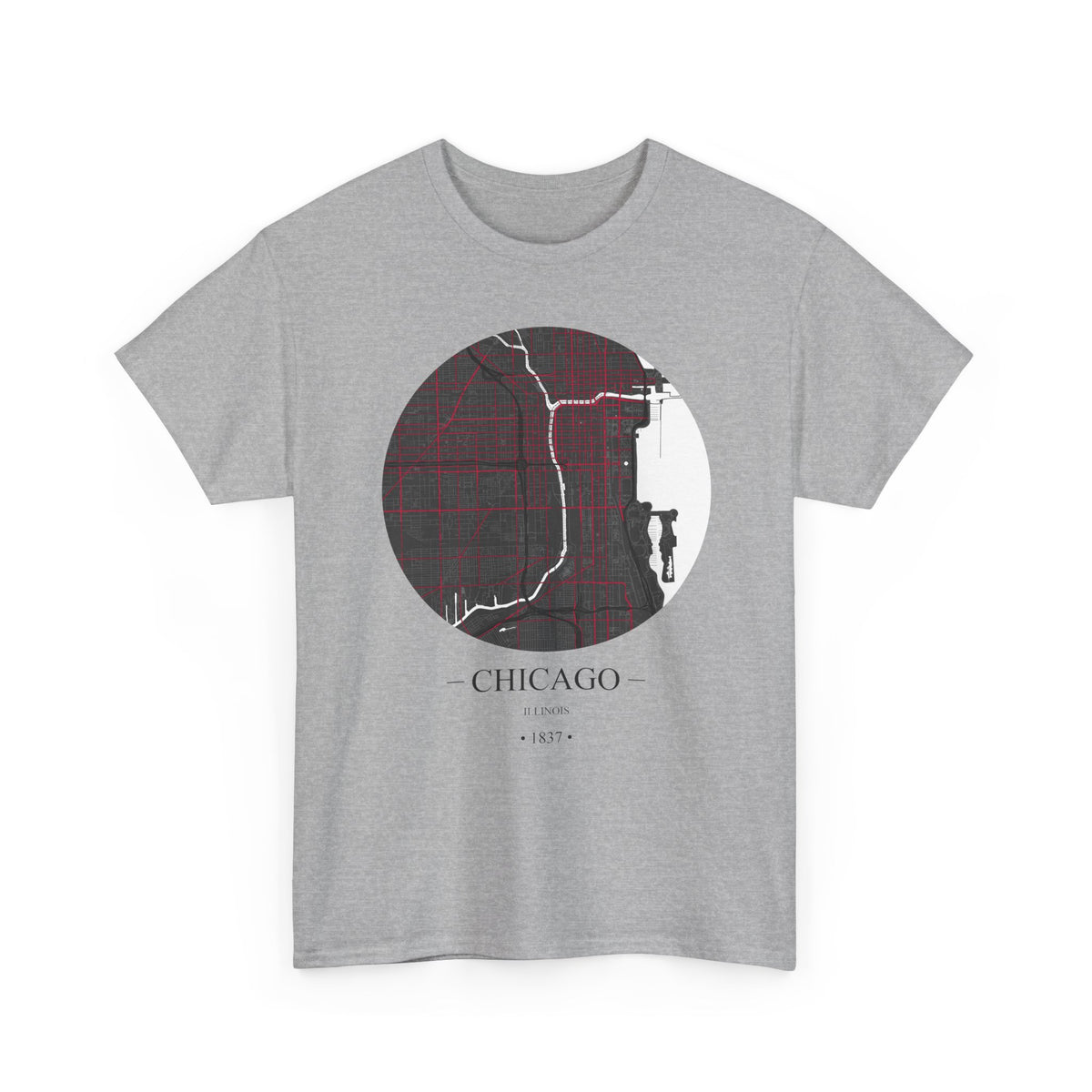 Chicago, Illinois 1837 Founders City Map Unisex Heavy Cotton Tee, Express Delivery available