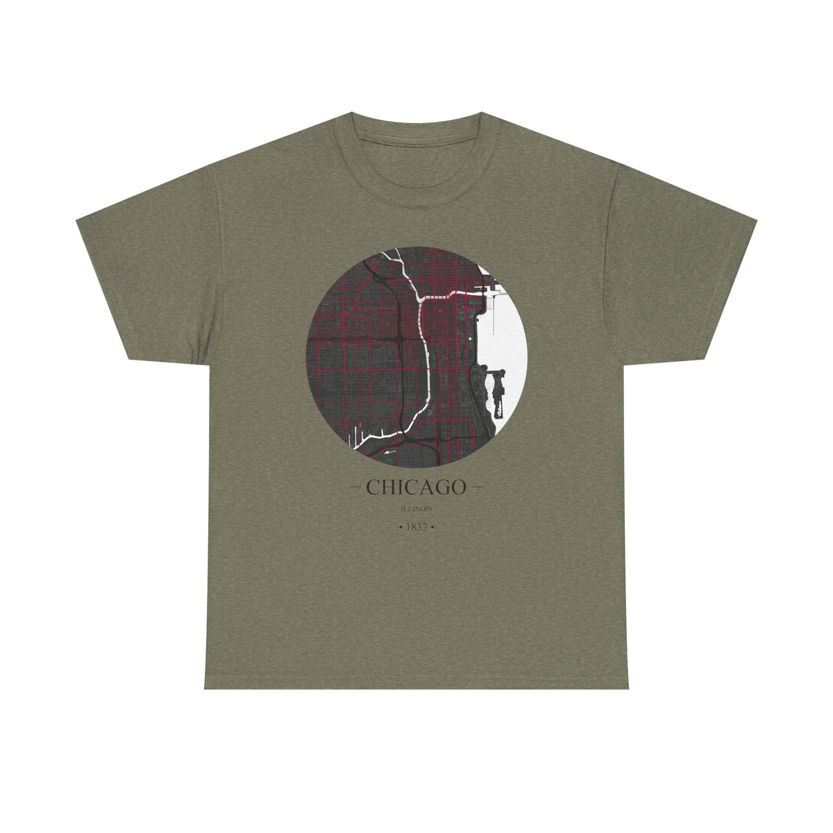 Chicago, Illinois 1837 Founders City Map Unisex Heavy Cotton Tee, Express Delivery available