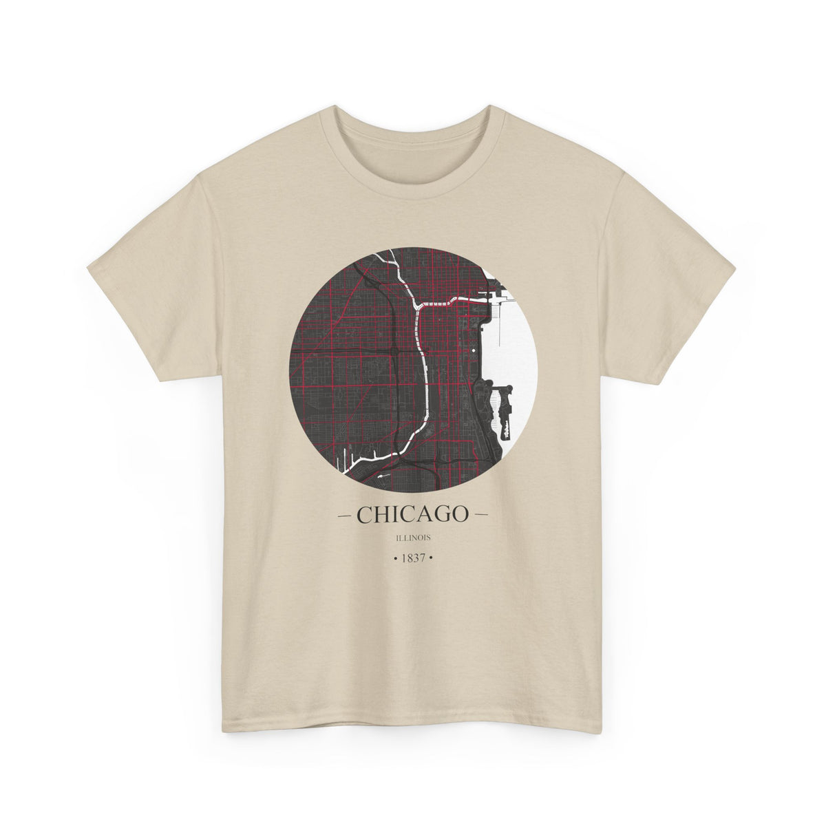 Chicago, Illinois 1837 Founders City Map Unisex Heavy Cotton Tee, Express Delivery available
