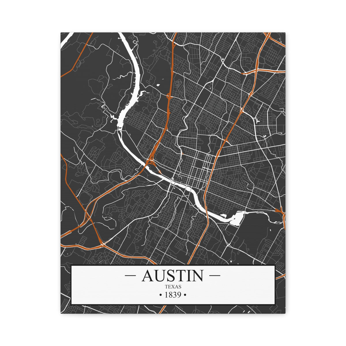 Austin, Texas 1839 Founders City Map, Matte Canvas Print (Stretched, 1.25")