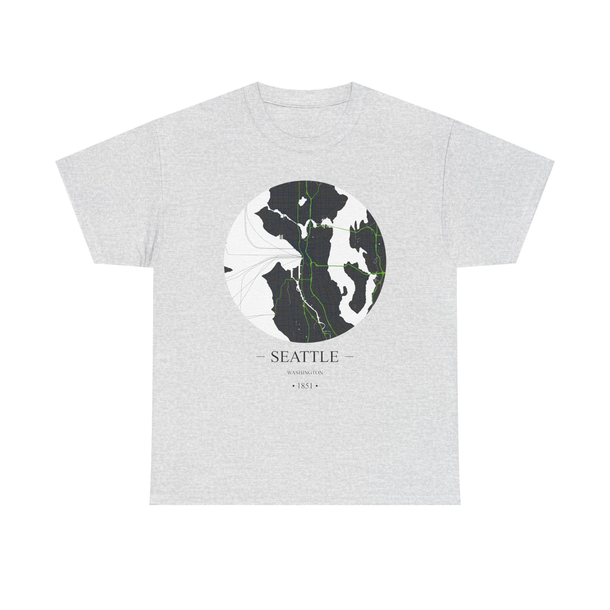 Seattle, Washington 1851 Founders City Map Unisex Heavy Cotton Tee, Express Delivery available