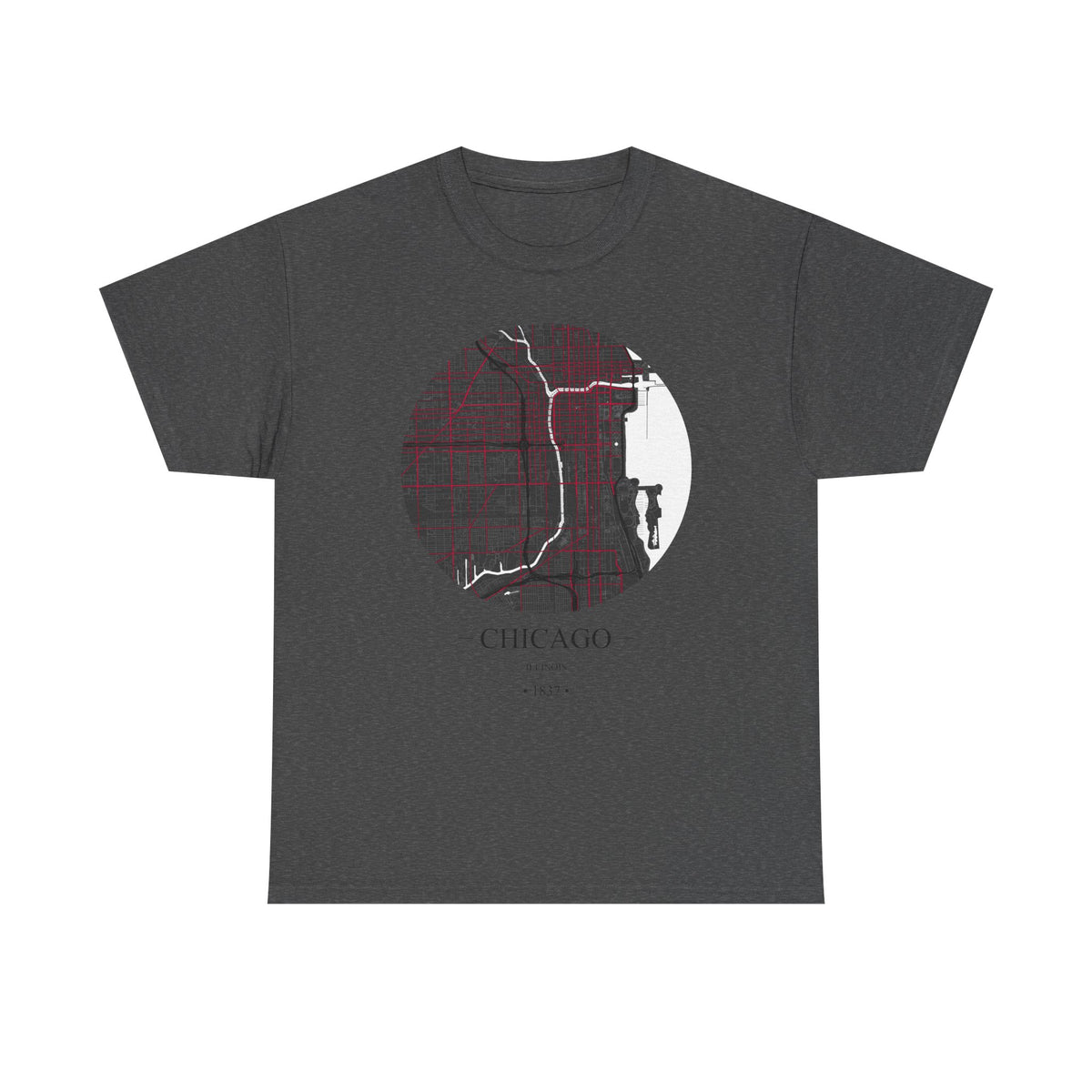 Chicago, Illinois 1837 Founders City Map Unisex Heavy Cotton Tee, Express Delivery available