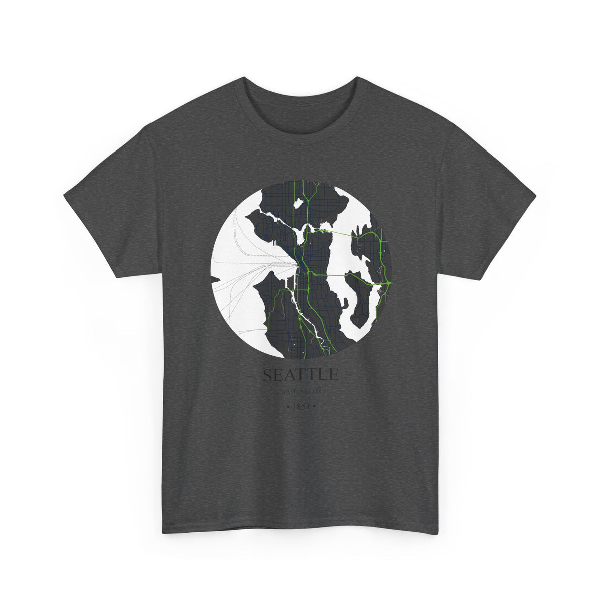 Seattle, Washington 1851 Founders City Map Unisex Heavy Cotton Tee, Express Delivery available