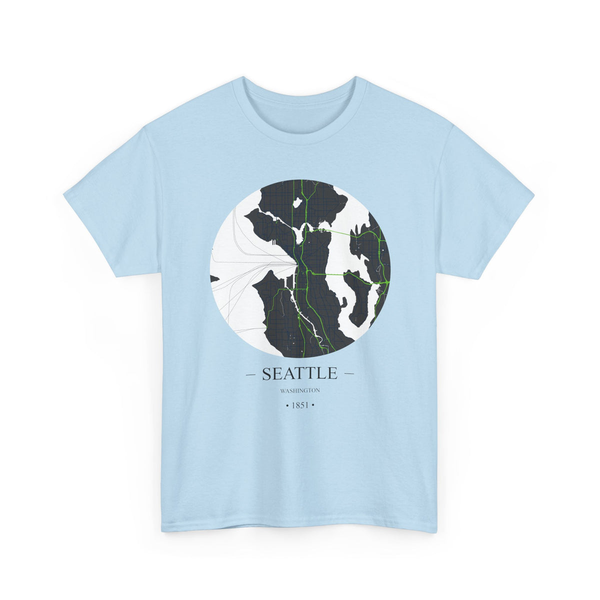 Seattle, Washington 1851 Founders City Map Unisex Heavy Cotton Tee, Express Delivery available