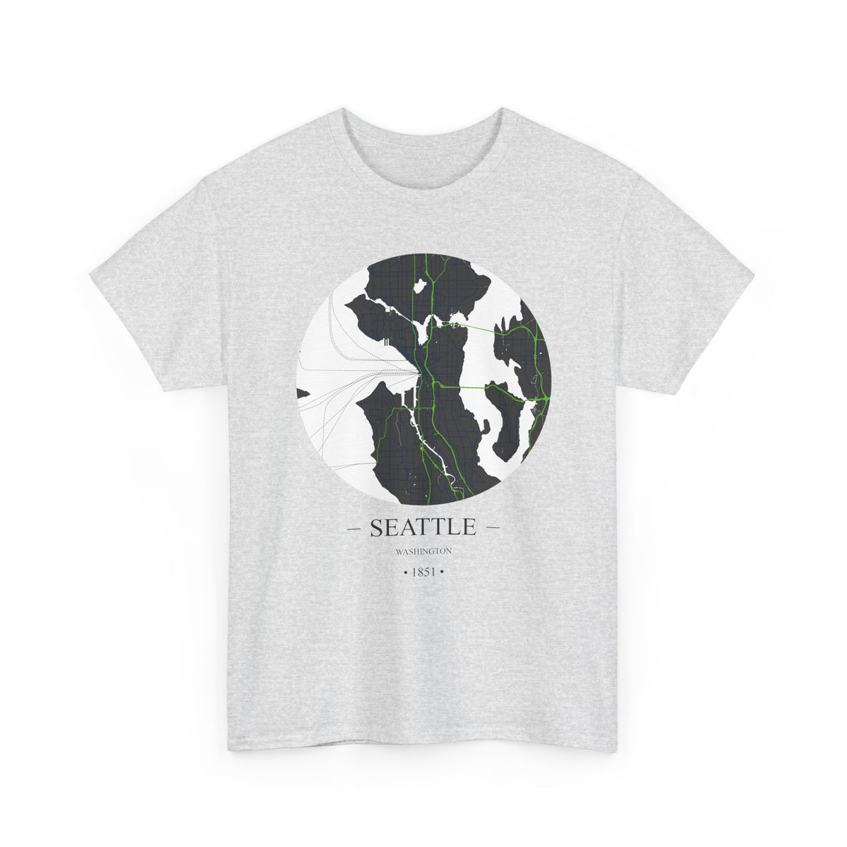 Seattle, Washington 1851 Founders City Map Unisex Heavy Cotton Tee, Express Delivery available