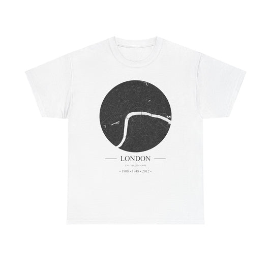 London, United Kingdom 1908, 1948 & 2012 Olympic Host City Map Unisex Heavy Cotton Tee