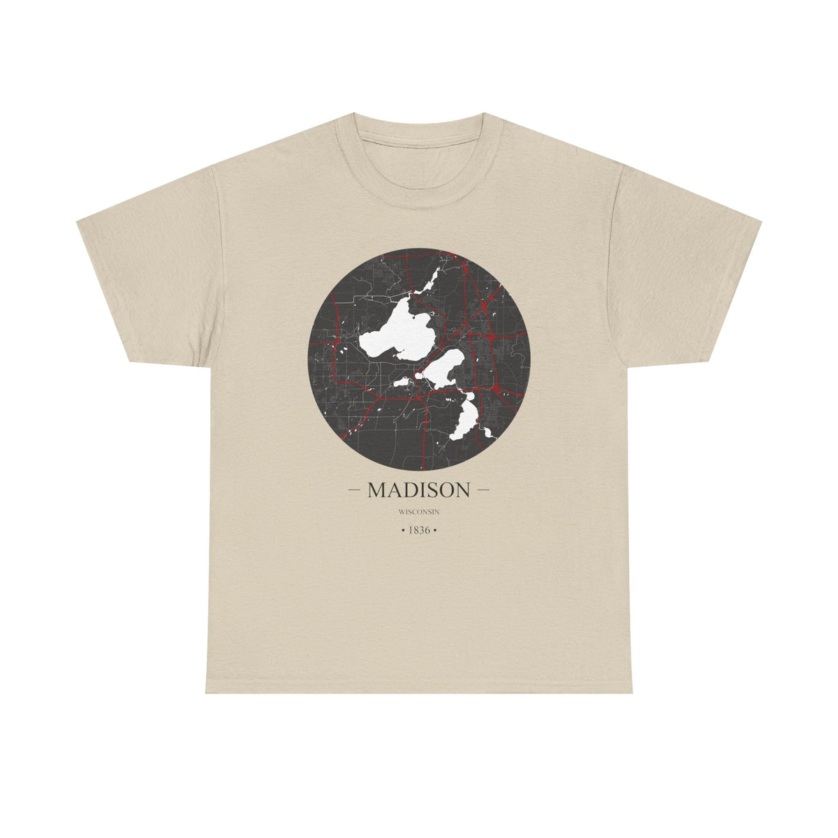 Madison, Wisconsin 1836 Founders City Map Unisex Heavy Cotton Tee, Express Delivery available