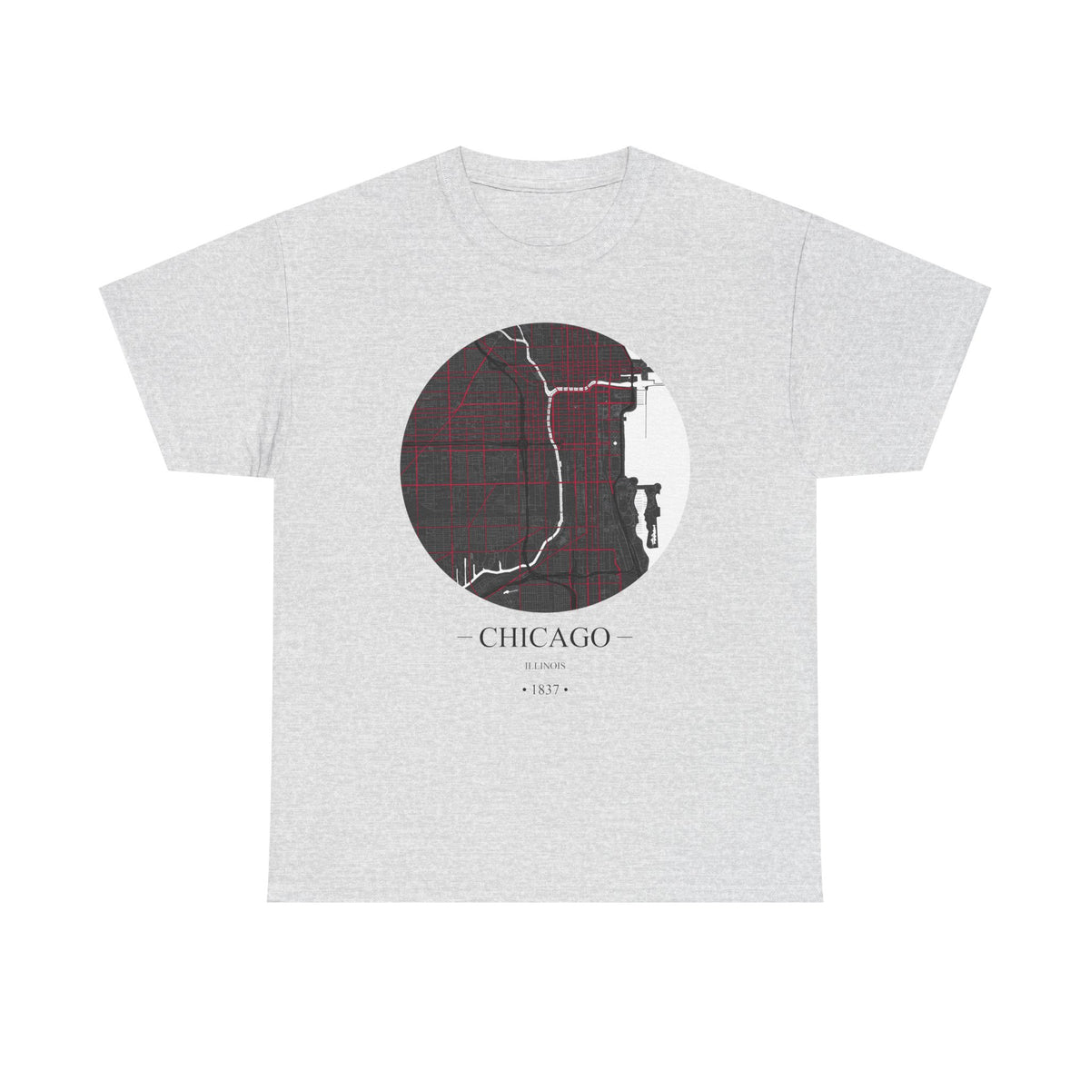 Chicago, Illinois 1837 Founders City Map Unisex Heavy Cotton Tee, Express Delivery available