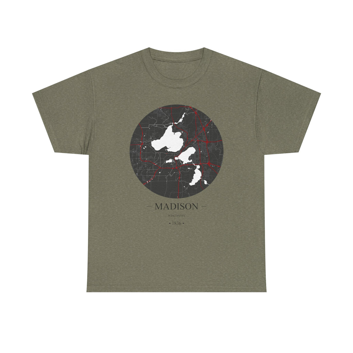 Madison, Wisconsin 1836 Founders City Map Unisex Heavy Cotton Tee, Express Delivery available