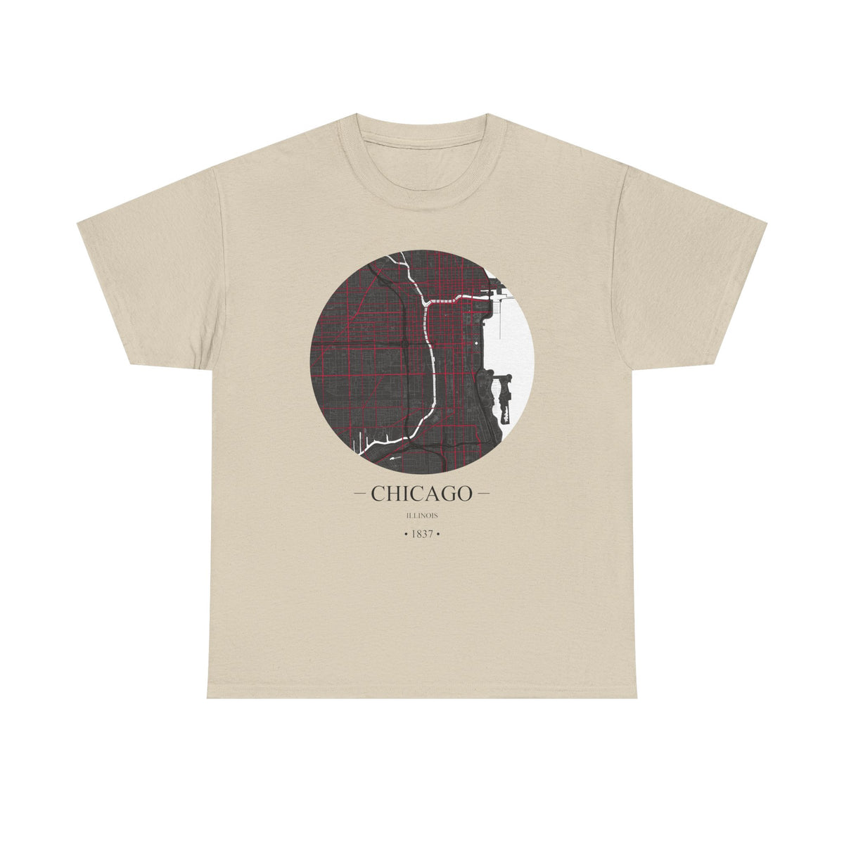 Chicago, Illinois 1837 Founders City Map Unisex Heavy Cotton Tee, Express Delivery available