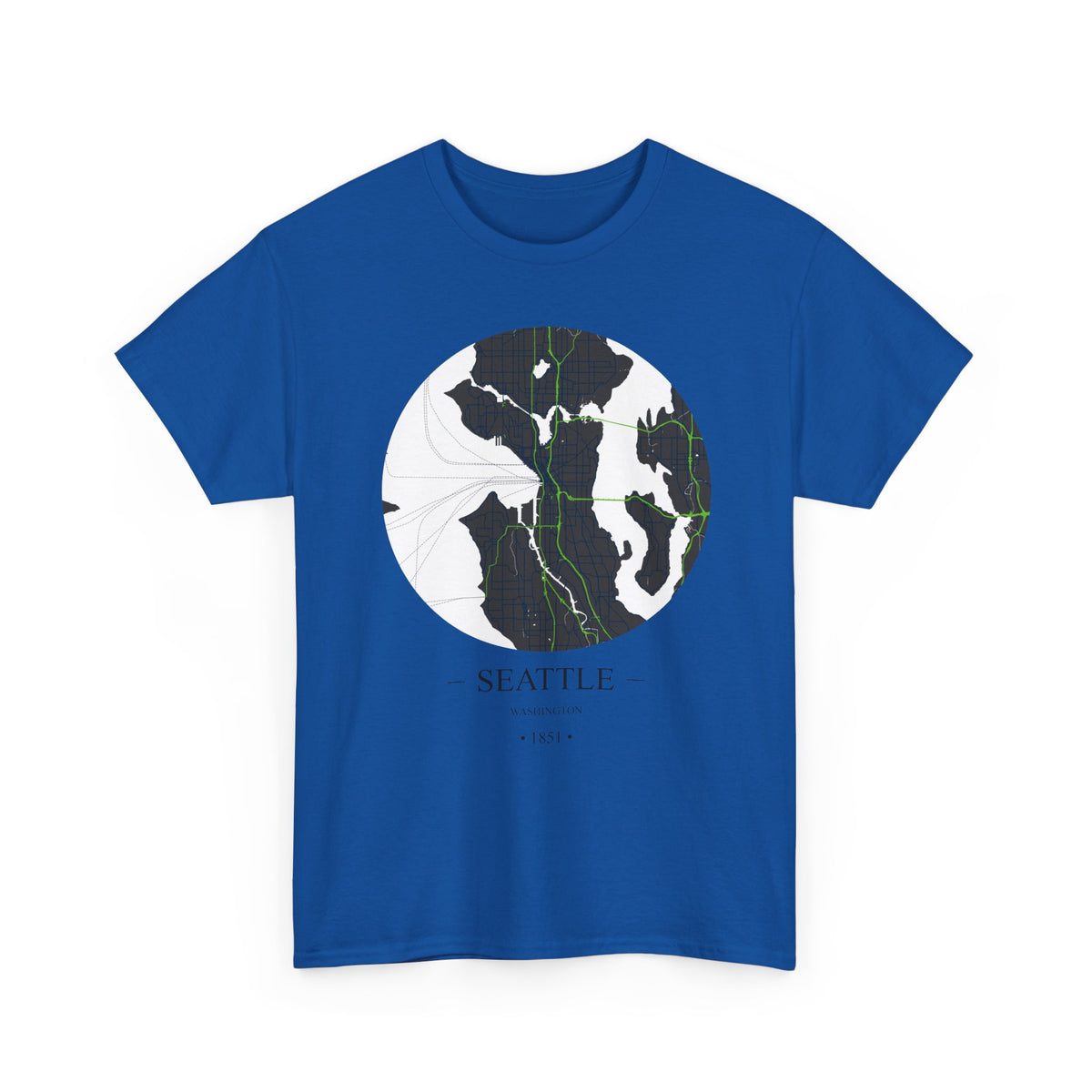 Seattle, Washington 1851 Founders City Map Unisex Heavy Cotton Tee, Express Delivery available