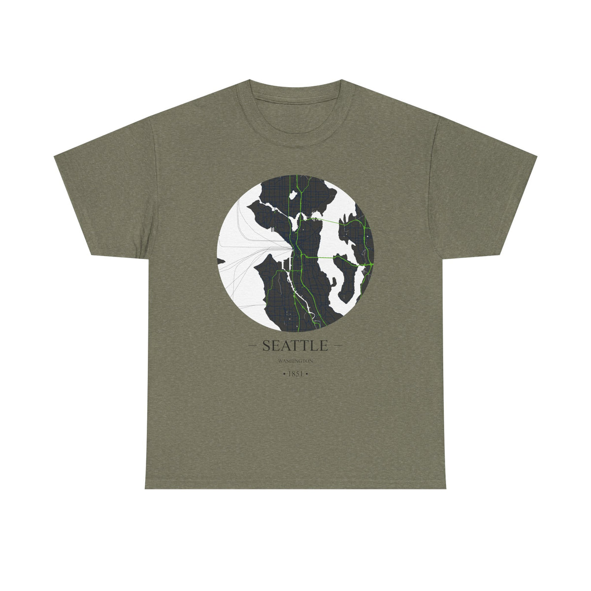 Seattle, Washington 1851 Founders City Map Unisex Heavy Cotton Tee, Express Delivery available