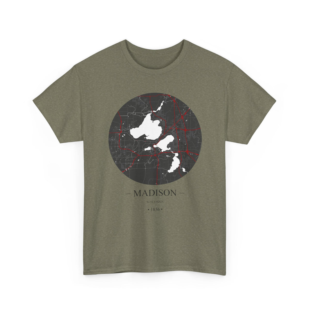 Madison, Wisconsin 1836 Founders City Map Unisex Heavy Cotton Tee, Express Delivery available