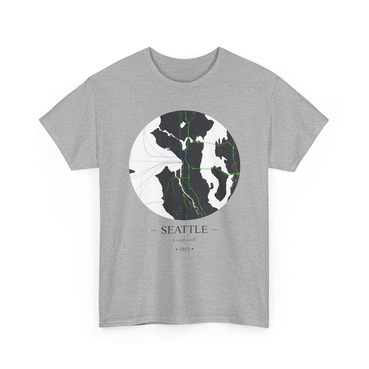 Seattle, Washington 1851 Founders City Map Unisex Heavy Cotton Tee, Express Delivery available