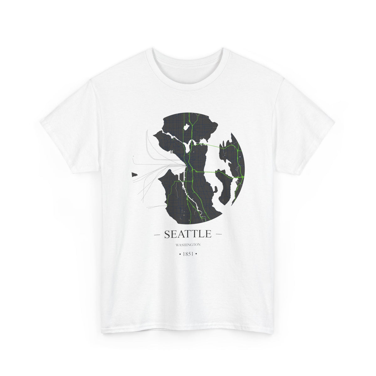 Seattle, Washington 1851 Founders City Map Unisex Heavy Cotton Tee, Express Delivery available