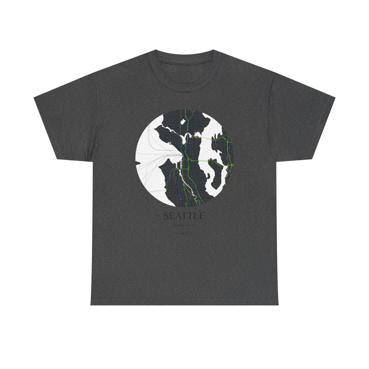 Seattle, Washington 1851 Founders City Map Unisex Heavy Cotton Tee, Express Delivery available