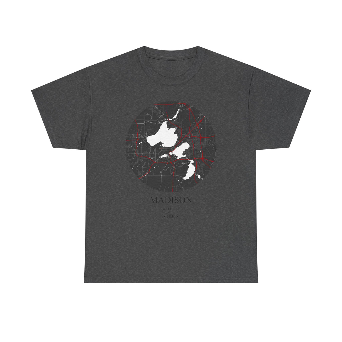Madison, Wisconsin 1836 Founders City Map Unisex Heavy Cotton Tee, Express Delivery available