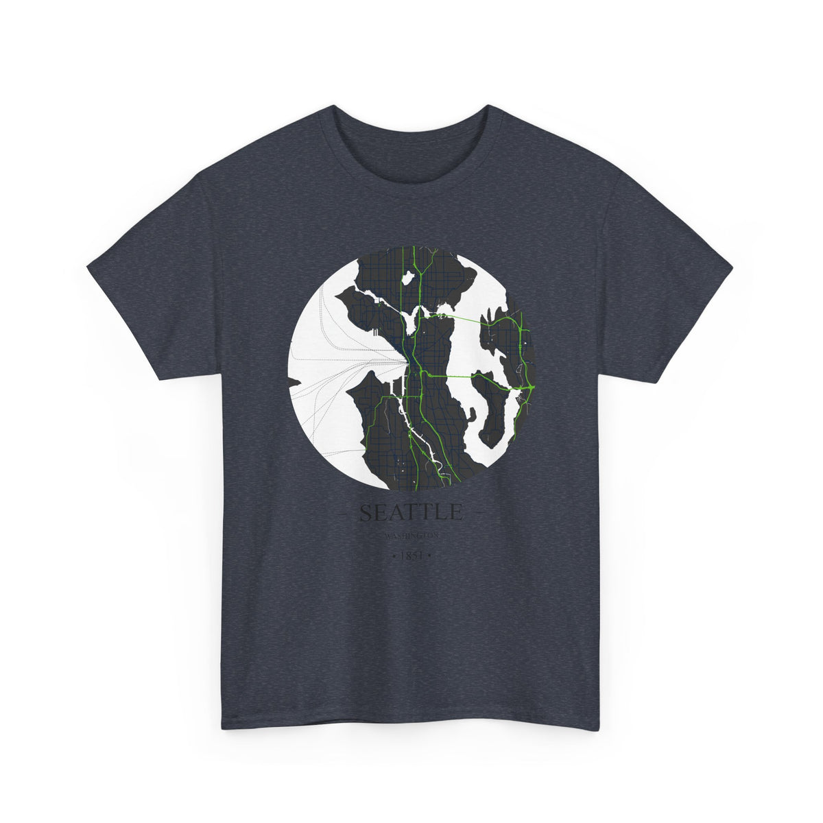Seattle, Washington 1851 Founders City Map Unisex Heavy Cotton Tee, Express Delivery available