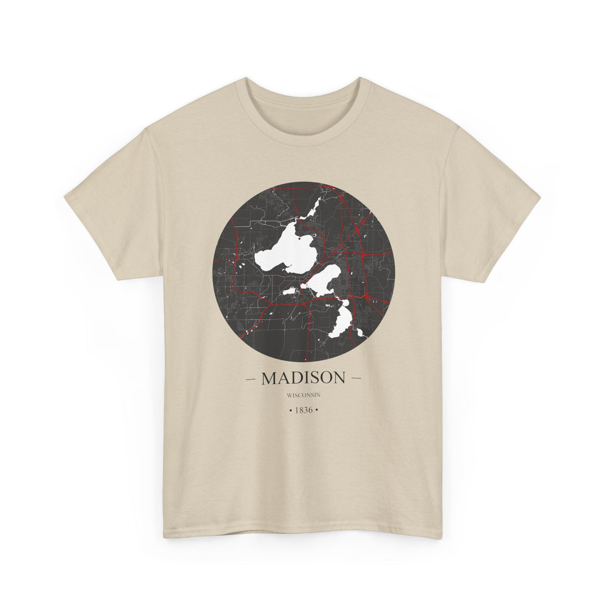 Madison, Wisconsin 1836 Founders City Map Unisex Heavy Cotton Tee, Express Delivery available