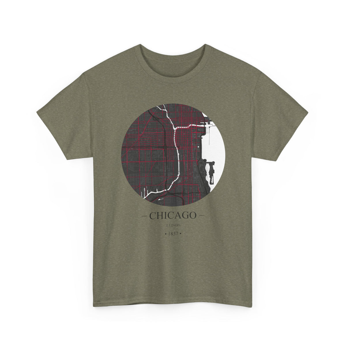 Chicago, Illinois 1837 Founders City Map Unisex Heavy Cotton Tee, Express Delivery available