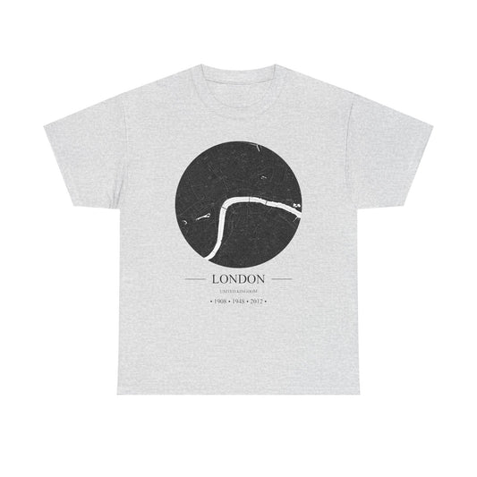 London, United Kingdom 1908, 1948 & 2012 Olympic Host City Map Unisex Heavy Cotton Tee
