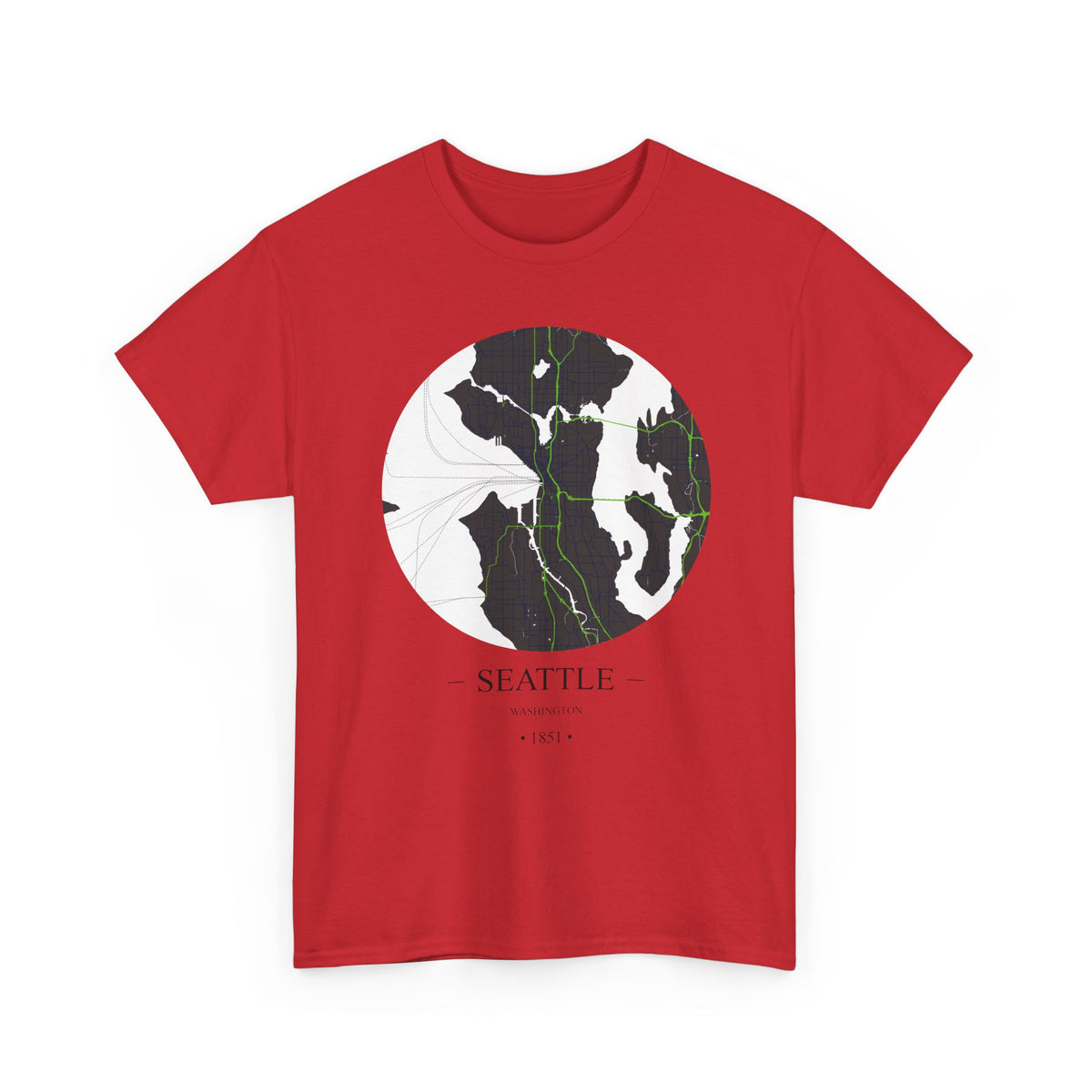 Seattle, Washington 1851 Founders City Map Unisex Heavy Cotton Tee, Express Delivery available