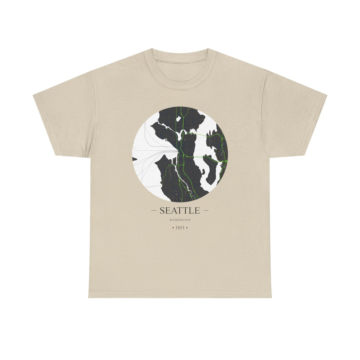 Seattle, Washington 1851 Founders City Map Unisex Heavy Cotton Tee, Express Delivery available