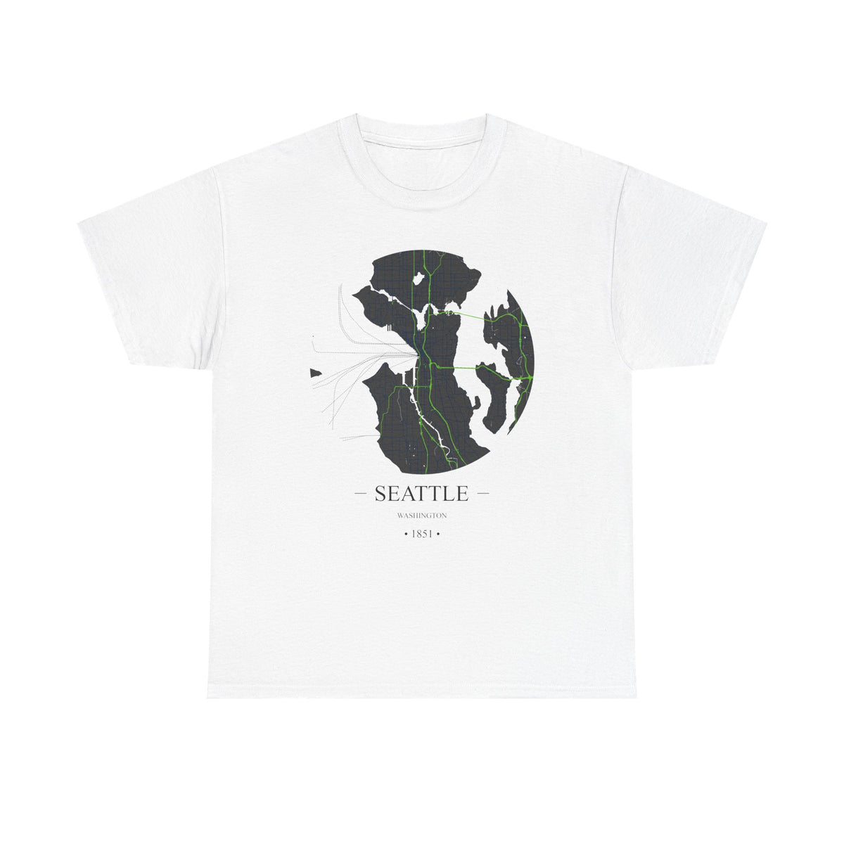 Seattle, Washington 1851 Founders City Map Unisex Heavy Cotton Tee, Express Delivery available