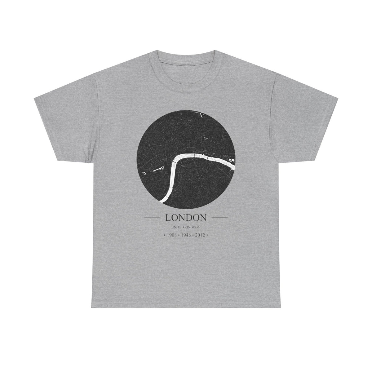 London, United Kingdom 1908, 1948 & 2012 Olympic Host City Map Unisex Heavy Cotton Tee