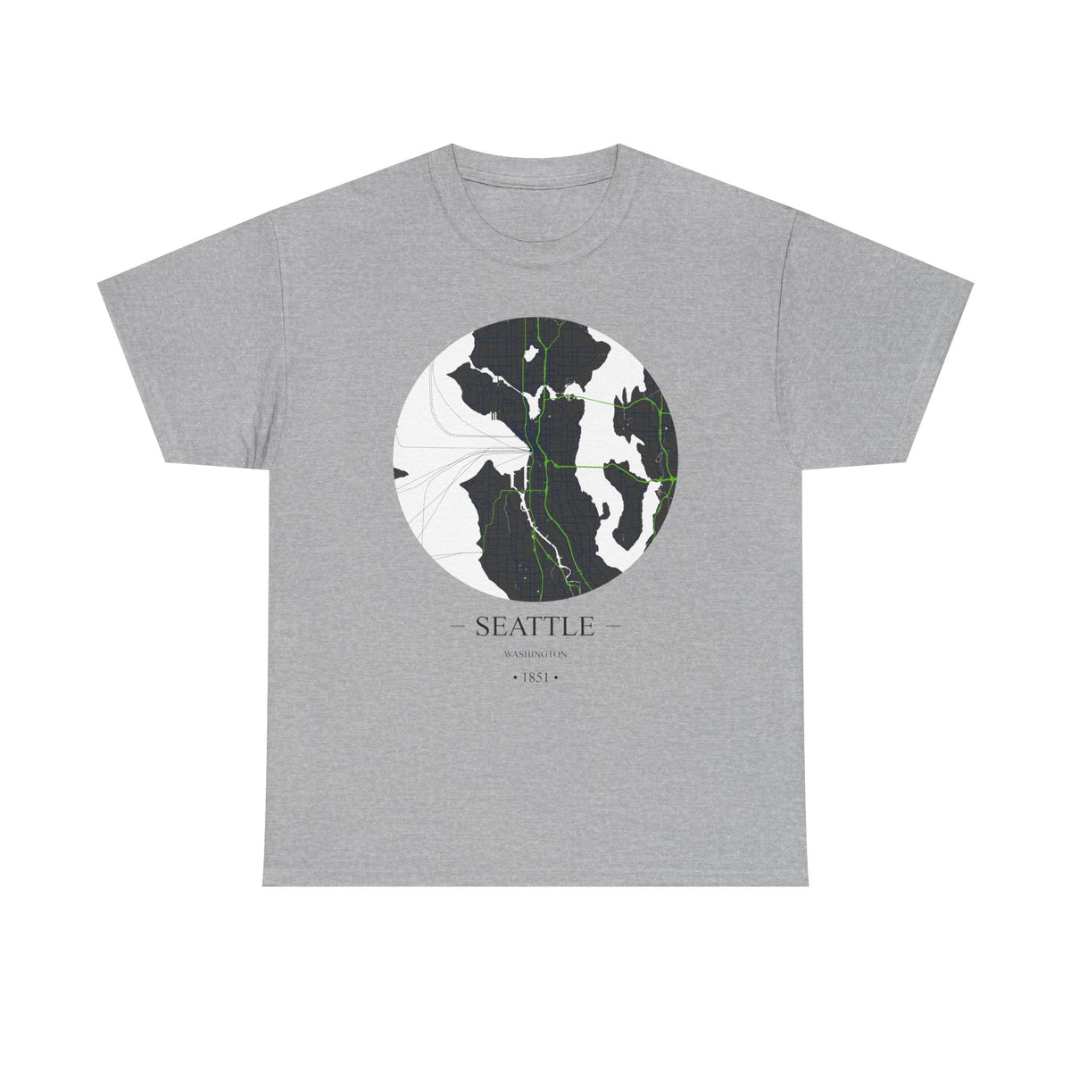 Seattle, Washington 1851 Founders City Map Unisex Heavy Cotton Tee, Express Delivery available
