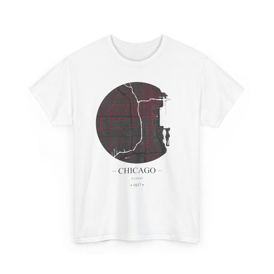 Chicago, Illinois 1837 Founders City Map Unisex Heavy Cotton Tee, Express Delivery available