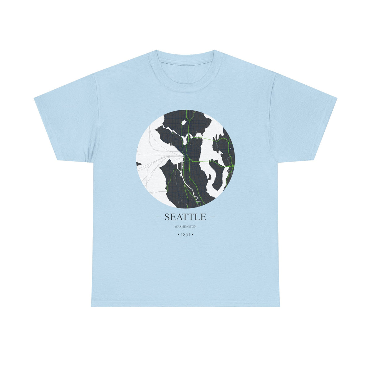Seattle, Washington 1851 Founders City Map Unisex Heavy Cotton Tee, Express Delivery available